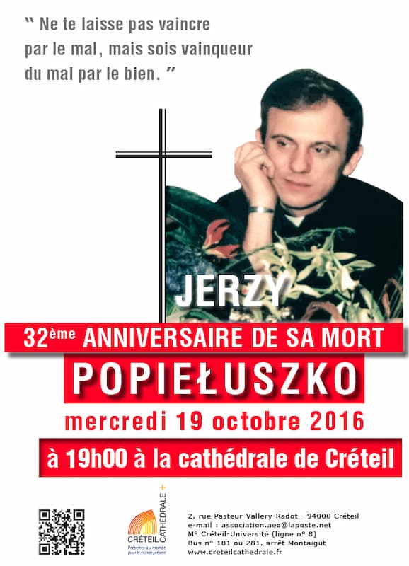 Affiche de la messe Popieluszko 2016 à la cathédrale de Créteil